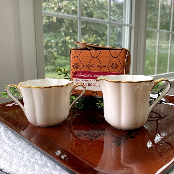Vtg NORITAKE Ivory Gold Trim Mini Sugar & Creamer Set 2pcs - Picture 1 of 12
